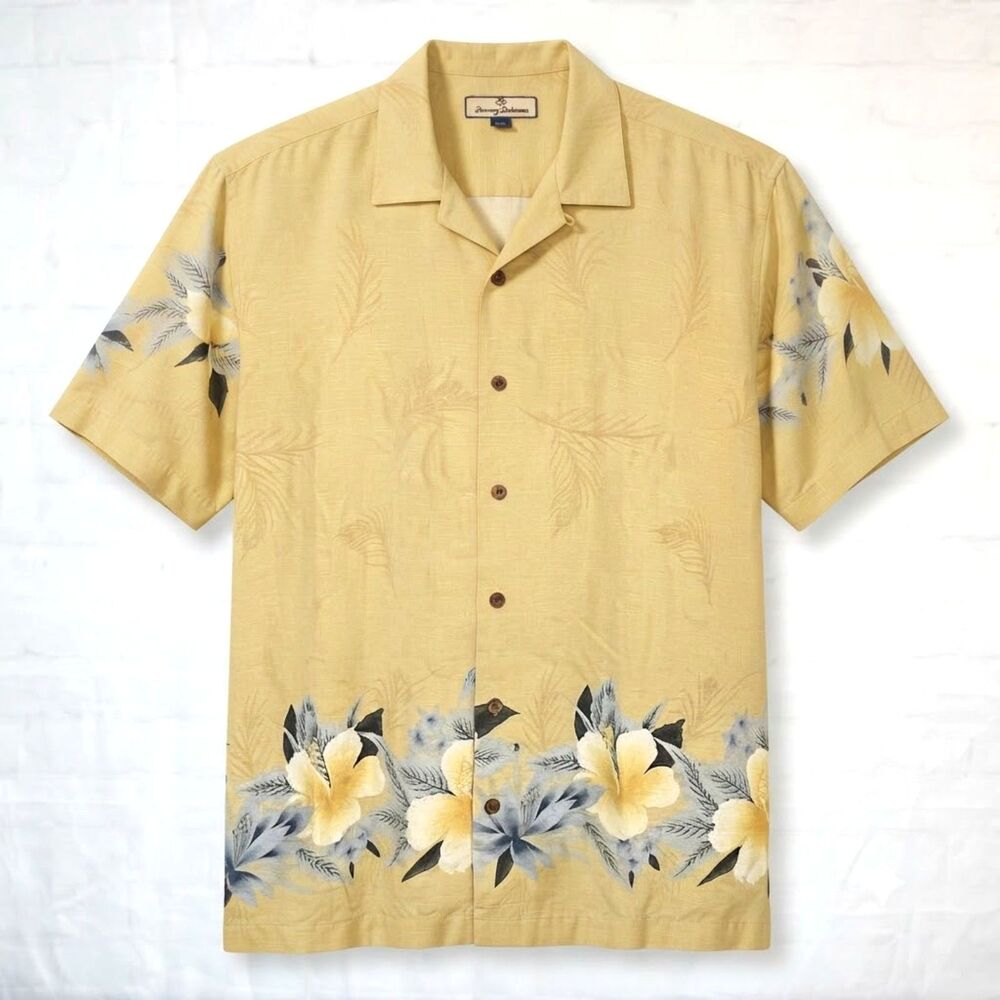 Tommy Bahama Silk Hawaiian Camp Shirt Mens Medium Yellow Floral Short Sleeve